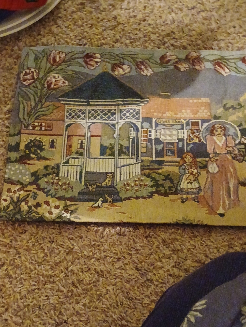 Vintage Tapestry Panel with Gazebo and Figures - Multi Color